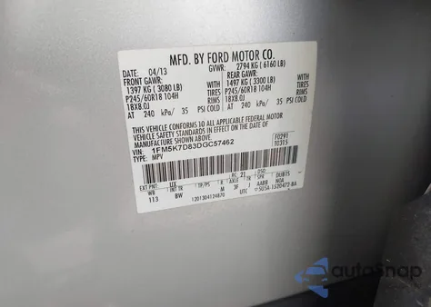 2013 Ford Explorer Xlt from USA, damaged, VIN 1FM5K7D83DGC57462